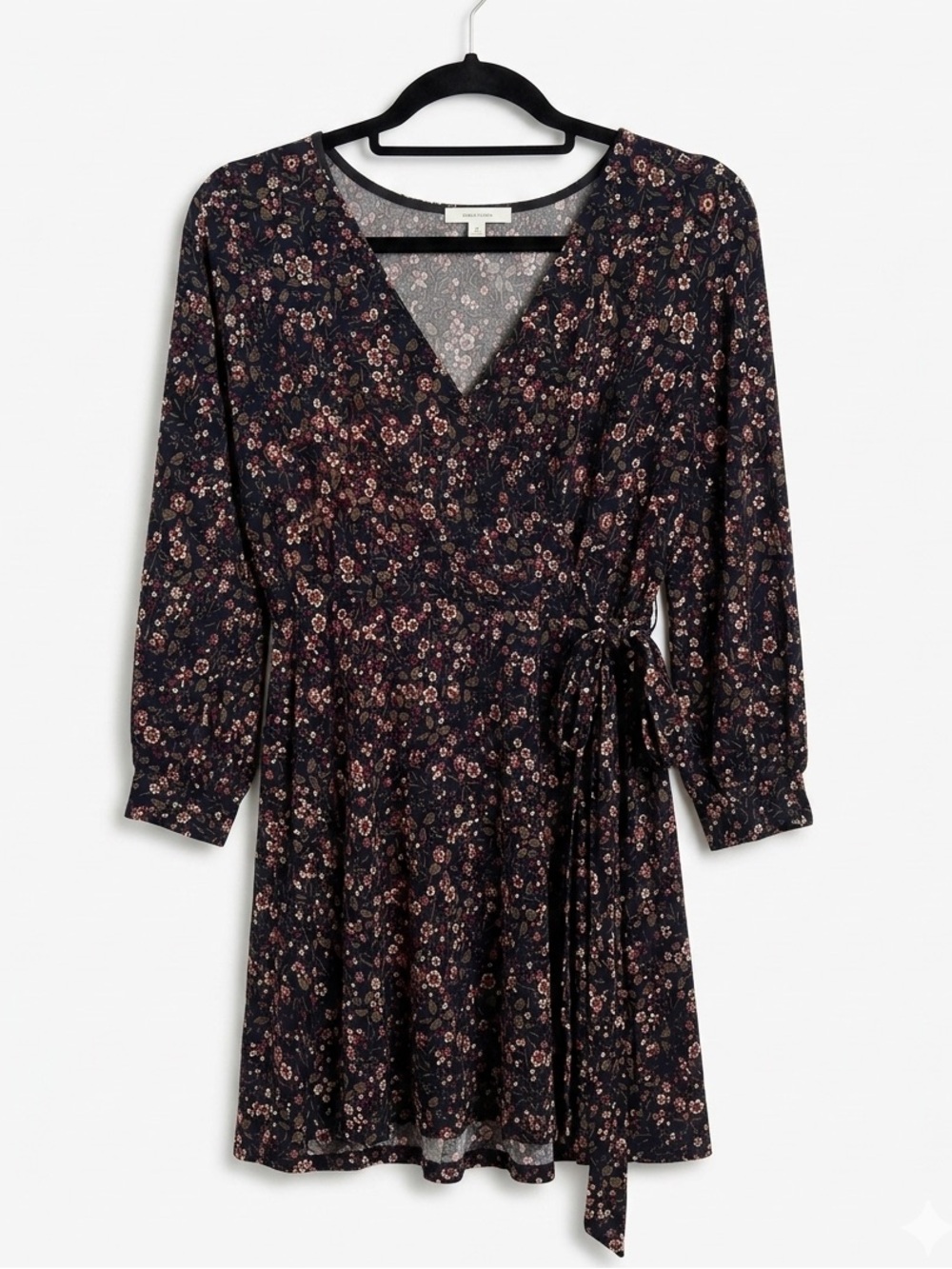 Floral Tie-Waist Long Sleeve Dress in Black